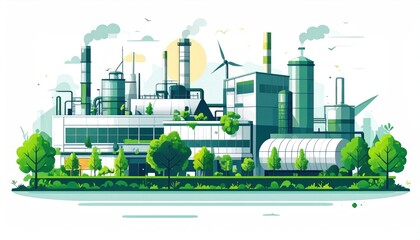 Eco-friendly industrial complex with green energy and sustainable practices.