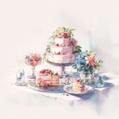Naklejka premium Delicate Wedding Cake Display with Soft Pastel Hues and Fresh Flowers
