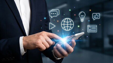 Modern businessman interacting with digital world through smartphone apps and global connectivity