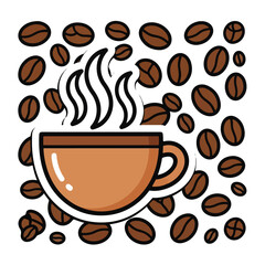 Obraz premium A steaming cup of coffee surrounded by scattered coffee beans