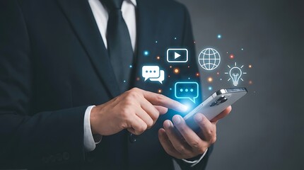 Businessman engaging with a smartphone, showing digital communication and global innovation