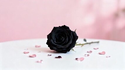 Elegant black rose surrounded by shimmering pink hearts on a white surface with a soft pink background