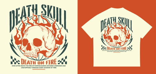 Death skull typography with burning head skull in urban style for t-shirt design, streetwear, merchandise, and print-on-demand