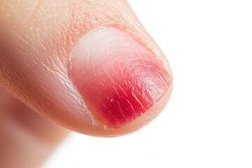 Fototapeta premium Close-up view of a fingernail with discoloration and ridges.