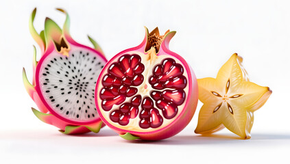 Exquisite cross-sections of dragon fruit and pomegranate