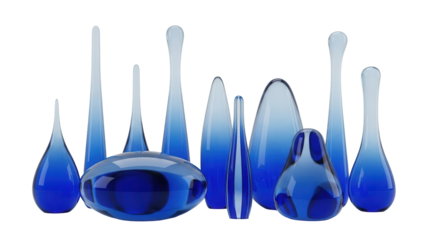 Elegant, transparent blue gradient glass objects isolated. Smooth, curved shapes 3d illustratioin. Cosmetic, science or technology abstract concept