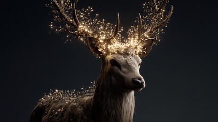 Close-up of a deer with sparkling light antlers against dark background, symbolizing magic, nature spirit, and fantasy art
