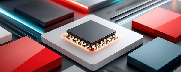 Cinematic close-up of an AI chip placed on a futuristic platform amid neon red and blue lighting