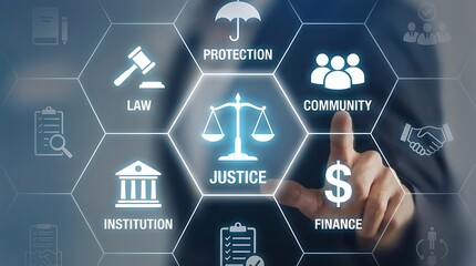A digital interface illustrating core concepts of justice, law, community, finance, and protection