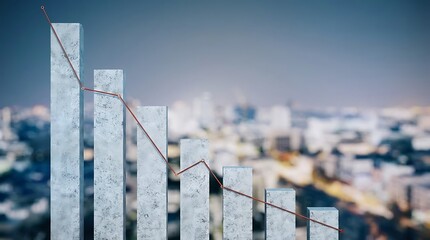 Economic decline visualized with a falling bar chart and a red trend line against a blurred cityscape