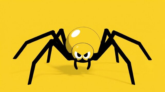 A menacing cartoon spider with an evil expression on a bright yellow background.