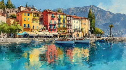 Obraz premium Hand-drawn watercolor of the Italian Riviera: cobalt water shimmers beneath pastel boats, their reflections dancing beside a café-lined coastal town backed by sun-washed mountains under a bright sapph