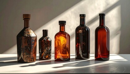 Collection of Vintage Amber Glass Bottles Lined Up on a Table.