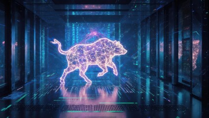Holographic Boar Illuminates Futuristic Neon Corridor.