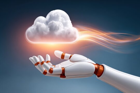 Robotic hand lifts a cloud icon with flowing data representing cloud computing and AI - Powered by Adobe