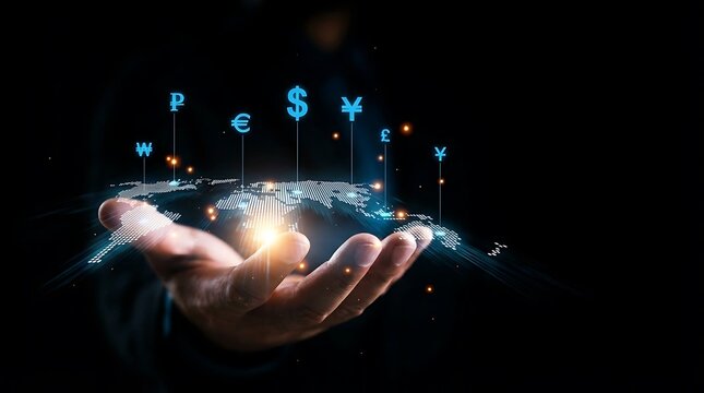 Global digital financial network held in hand representing currency exchange and market - Powered by Adobe