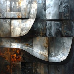 Abstract wall of metallic squares, curving around like a wave