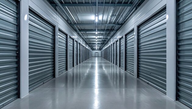Long Corridor of Storage Unit Doors in Modern Facility.