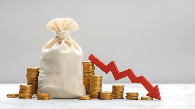 Financial assets decreasing: a money bag and gold coins with a red downward arrow