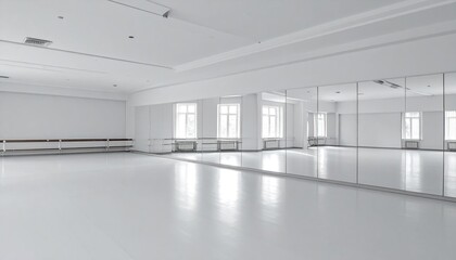 Obraz premium Empty bright dance studio with large mirrors and windows.