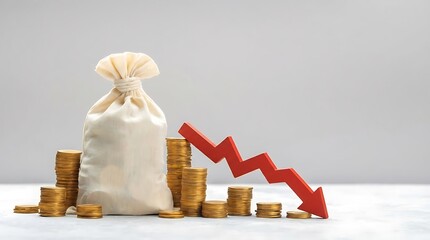 Financial downturn and declining money bag with gold coins showing economic loss