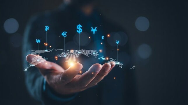 A hand holding a glowing digital world map with international currency symbols - Powered by Adobe