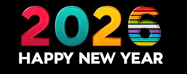Vibrant 2026 New Year banner with colorful numbers and bold white text on black background