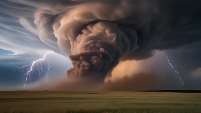 Tornado Storm Clouds with Lightning Flashes over Plains.