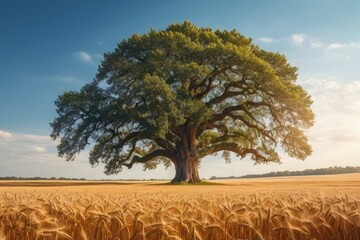 Obraz premium Landscape, Endless wheat field, Blue sky, Massive Old Oak tree