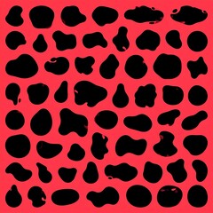 Array of black irregular shapes on a red background, arranged in a grid-like structure with varied forms and sizes