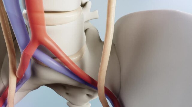 Urine is produced in the renal pelvis within the kidneys, then flows down the ureters into the bladder for storage. Urine excretion, urinary system anatomy, biological anatomy, medical 3D animation.
