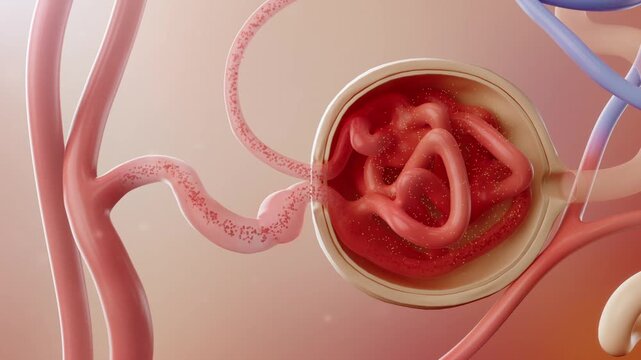 Blood flows through the glomerulus, Glomerular cells filtration, nephron, urine excretion, urinary system anatomy, internal structure of the kidney, arteries, veins, ureters, medical 3D animation.