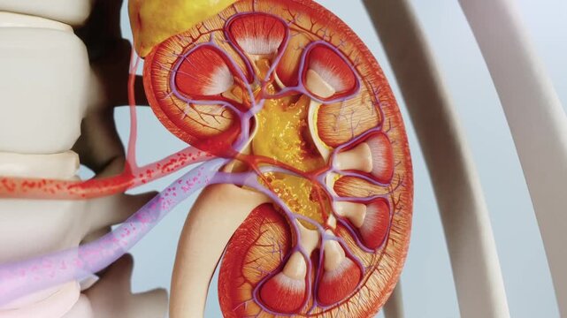 Urine is produced in the renal pelvis within the kidneys. When urine flow slows down, kidney stones form and are excreted from the body. Urine excretion, urinary system anatomy, medical 3D animation.