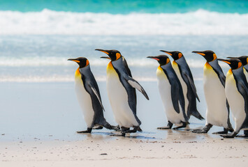 Fototapeta premium Close Up of King Penguins Front of Pack Walking on Beach. Falkland Islands Volunteer Point Colony. Antarctica Travel Excursion Wildlife