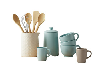 Minimalist still life of modern ceramic kitchenware and wood utensils on a board against a transparent background, concept for home goods advertising