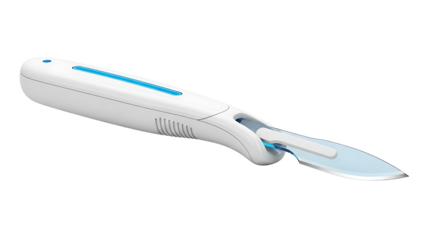 White utility knife with blue accents and retractable blade isolated on a transparent background