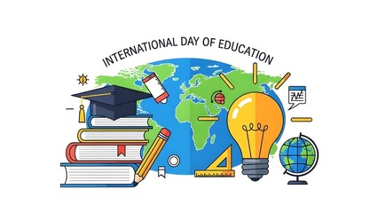 International Day of Education flat vector illustration, global education theme, books, graduation cap, light bulb, world map, clean lines, vibrant colors, modern infographic style