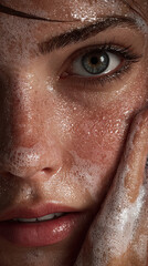 Young Woman Washing Her Face with Abundant Foamy Skincare Cleanser