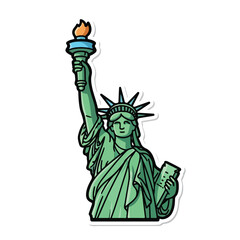 A green statue of liberty holding torch