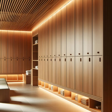 Luxury gym locker room with rows of premium wooden storage.,Luxury gym locker room with rows