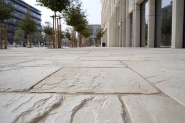 Fototapeta premium Textured stone pavement with a modern urban backdrop featuring trees and contemporary architecture, creating a serene outdoor atmosphere for relaxation and leisure activities