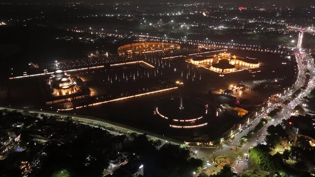 Aerial night view of Ambedkar Memorial Park in Lucknow, Uttar Pradesh, India