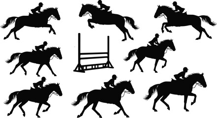 Equestrian horse jumping silhouettes with rider, show jumping sport collection, horseback riding action poses, black vector illustration isolated on white background © Shafik Creatives