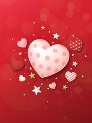 3D heart balloons many designs floated with star and confetti on soft bokeh blurred red background