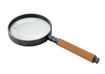 A classic vintage magnifying glass with a walnut wood handle and iron frame, isolated on a white background with soft shadow and copy space, macro shot concept of investigation and discovery