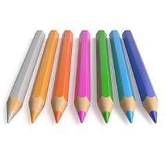 Array of colored pencils arranged diagonally on a white background, angled perspective, cast shadow