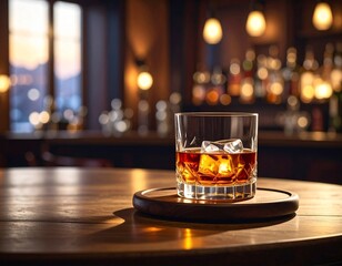 Whisky drink glass on the table in the nightclub