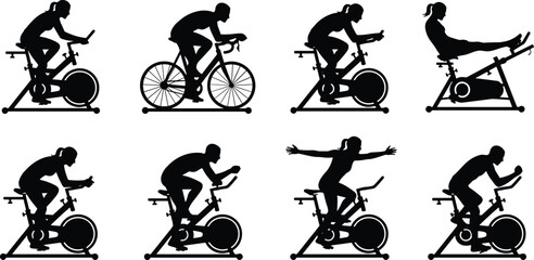 Indoor cycling silhouettes set, women exercising on stationary bikes in multiple workout poses, black fitness vector illustration collection for gym, health, training design