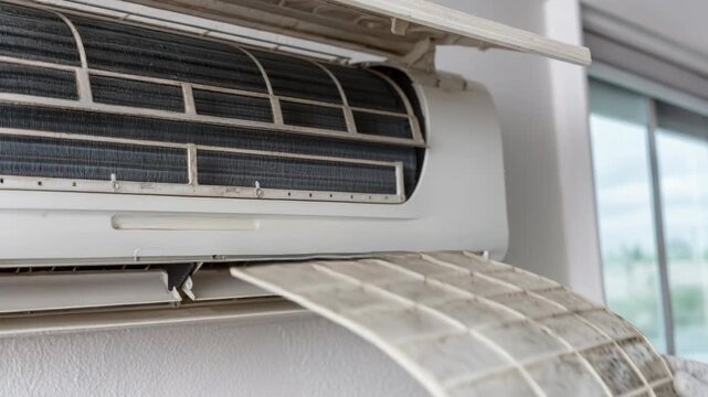 A close-up shot shows a person wearing gloves carefully removing a dirty air conditioner filter.