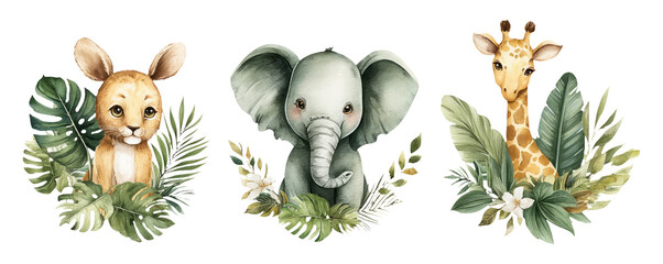 Obraz premium Playful Watercolor Animals with Botanical Accents for a Birthday Glow Theme